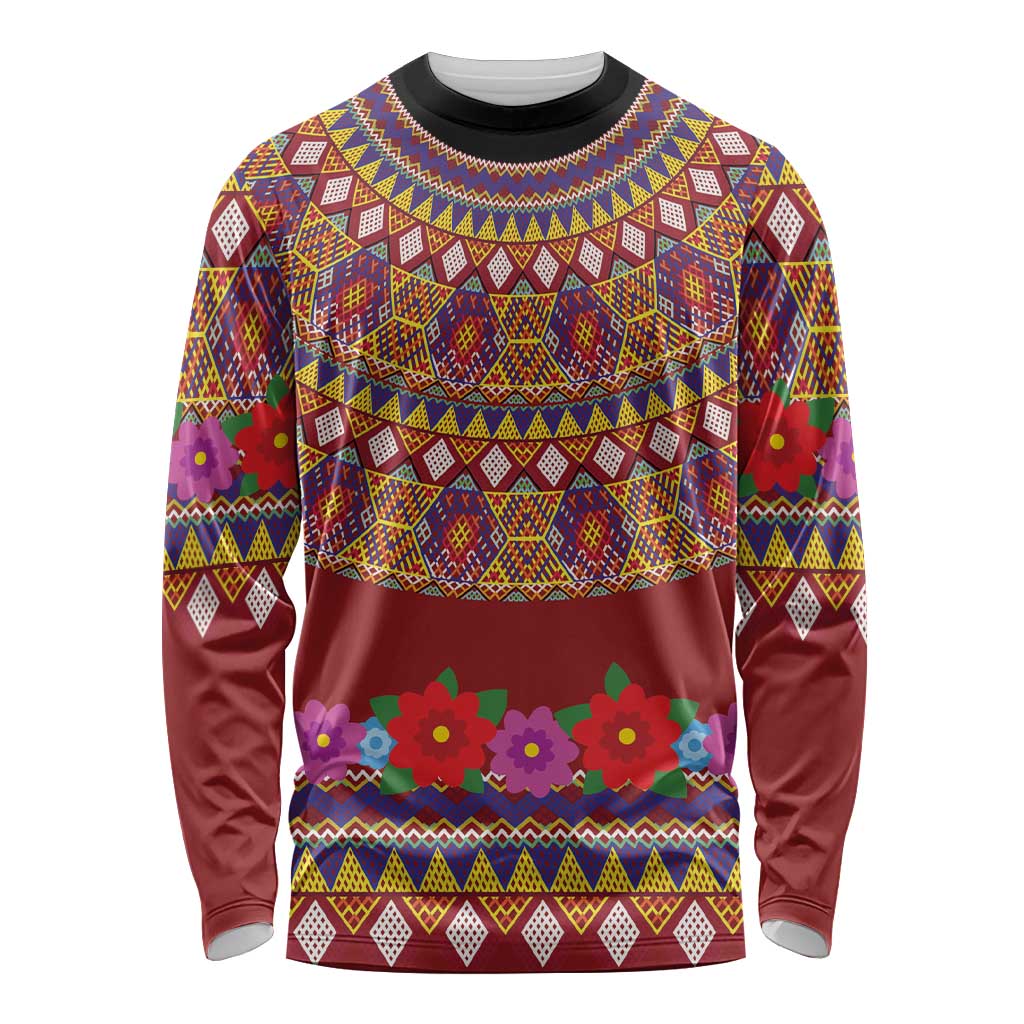 Red long-sleeve shirt with black collar, multicolor geometric pattern and floral bands