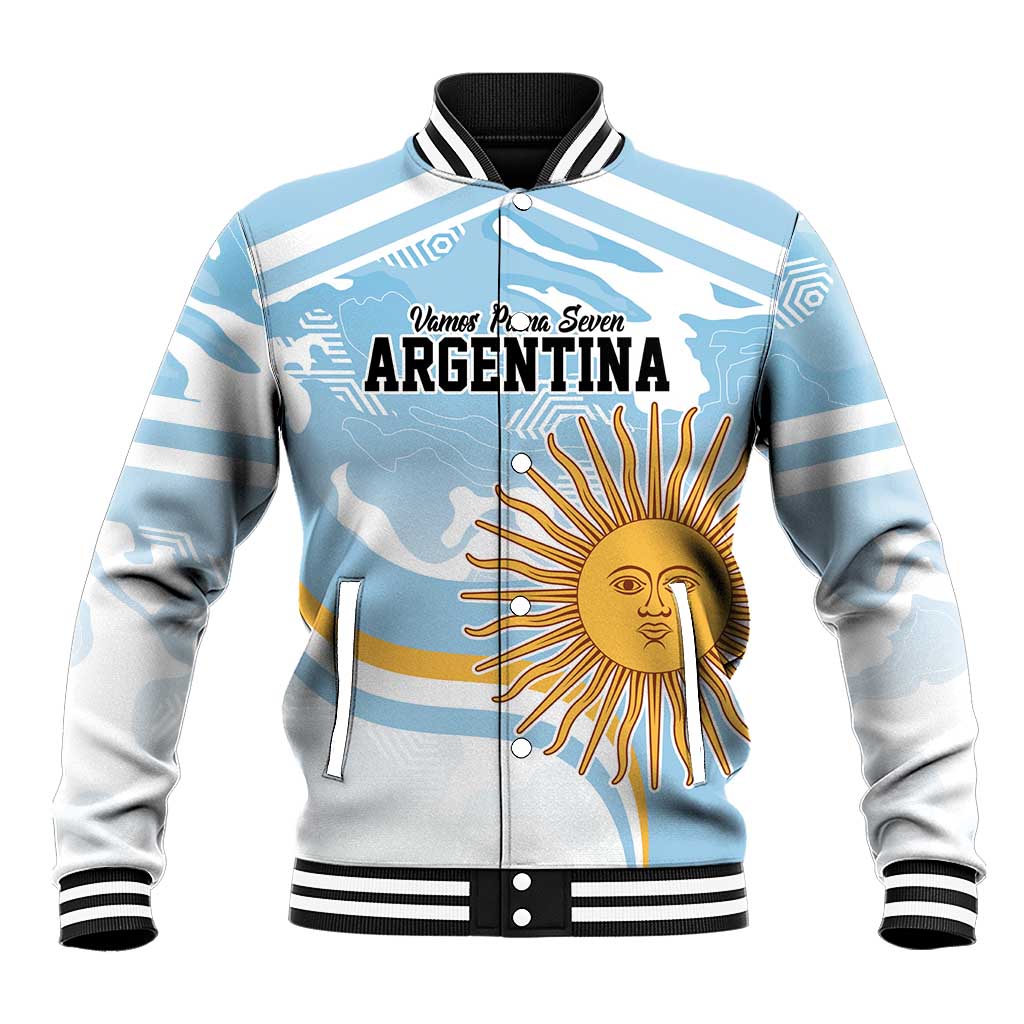 Blue striped varsity baseball jacket with zipper, Argentina graphic and ribbed collar