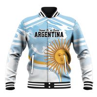 Blue striped varsity baseball jacket with zipper, Argentina graphic and ribbed collar
