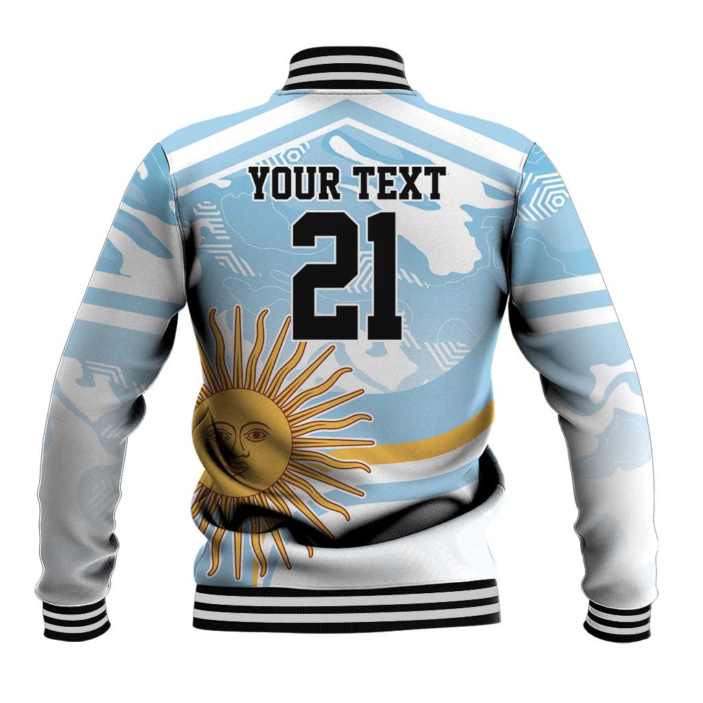 Blue varsity baseball jacket back with YOUR TEXT 21 and sun graphic, rib trim