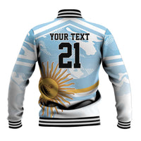 Blue varsity baseball jacket back with YOUR TEXT 21 and sun graphic, rib trim