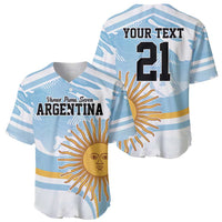 Light blue striped baseball jersey shown front and back: Argentina sun, number 21