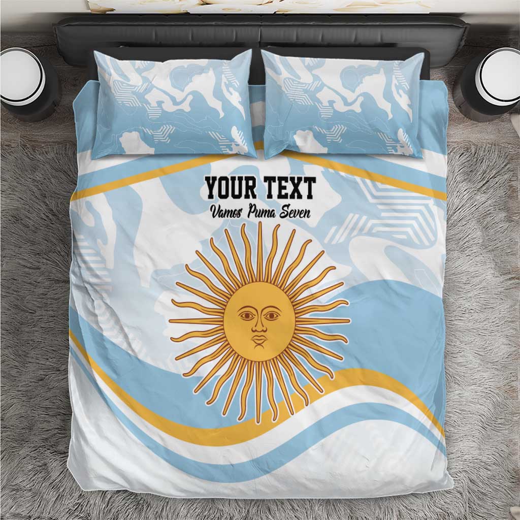 Argentina rugby bedding set with sun face center design, custom text, and blue pillows