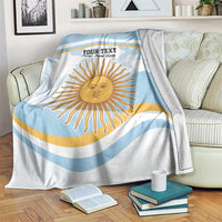 Light blue and white striped blanket with sun face print and custom text header