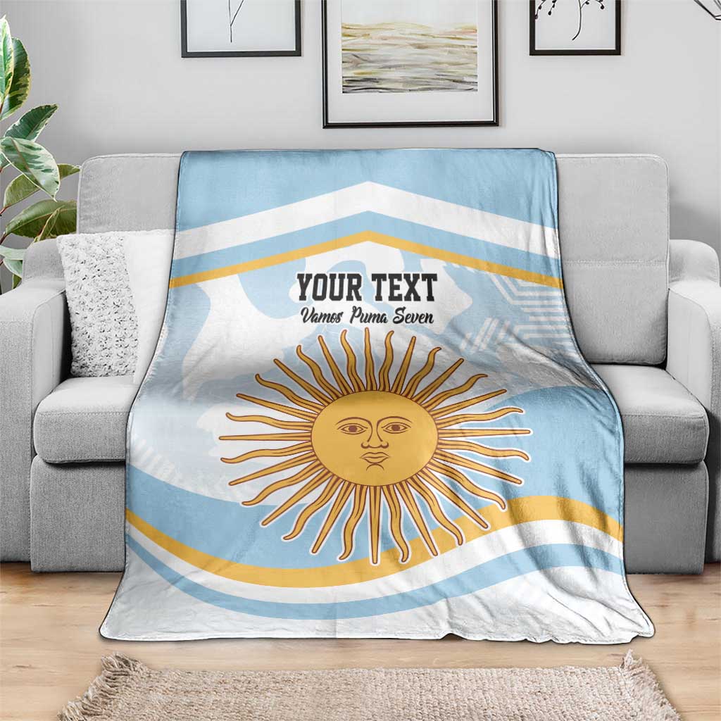 Light blue and white striped blanket featuring sun face artwork and custom text
