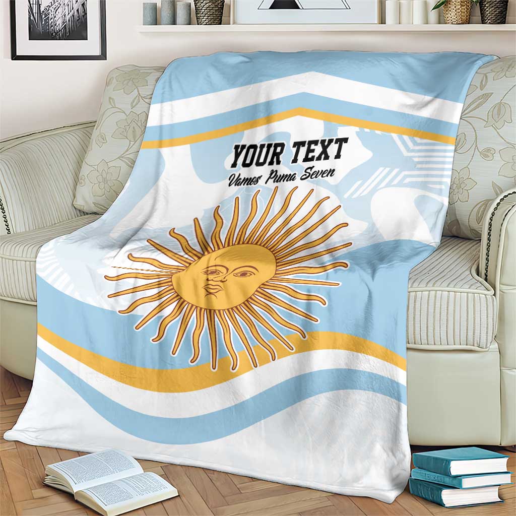 Light blue and white striped rugby blanket with custom text and sun face graphic