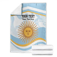 Folded light blue and white striped rugby blanket with custom text and sun graphic