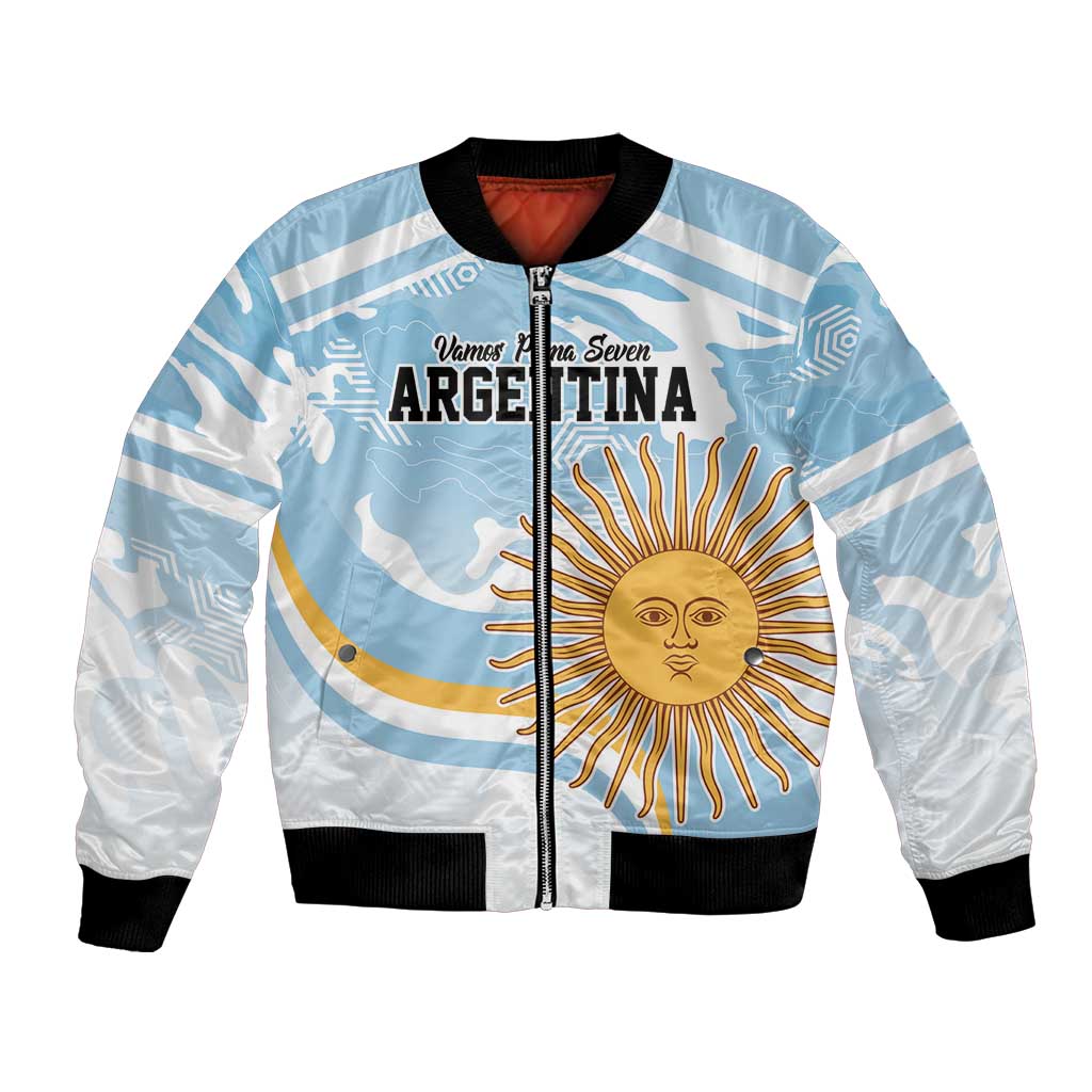 Rugby bomber jacket in light blue with white stripes, sun and ARGENTINA front design