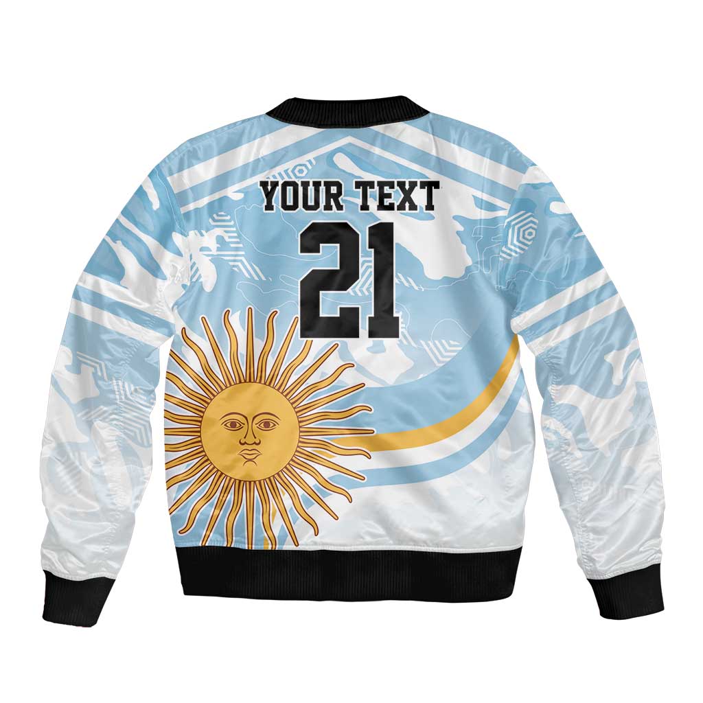 Rugby bomber jacket in light blue with white stripes, sun graphic and 21 back text