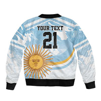 Rugby bomber jacket in light blue with white stripes, sun graphic and 21 back text