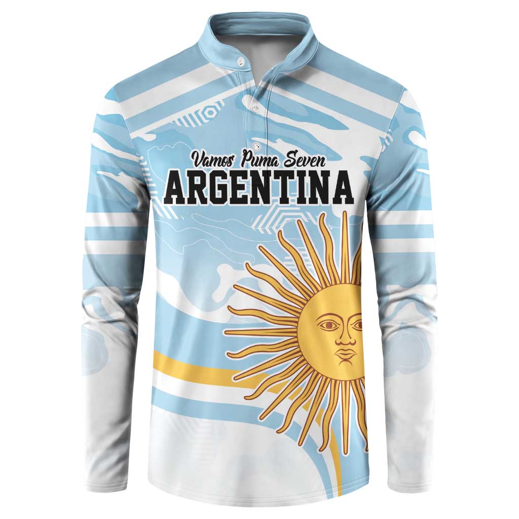 Light blue and white striped rugby-style button sweatshirt with sun graphic front