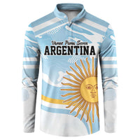 Light blue and white striped rugby-style button sweatshirt with sun graphic front