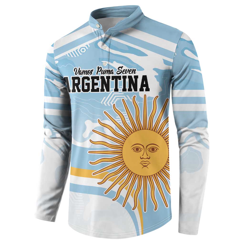 Light blue and white striped rugby-style button sweatshirt with Argentina text and sun face