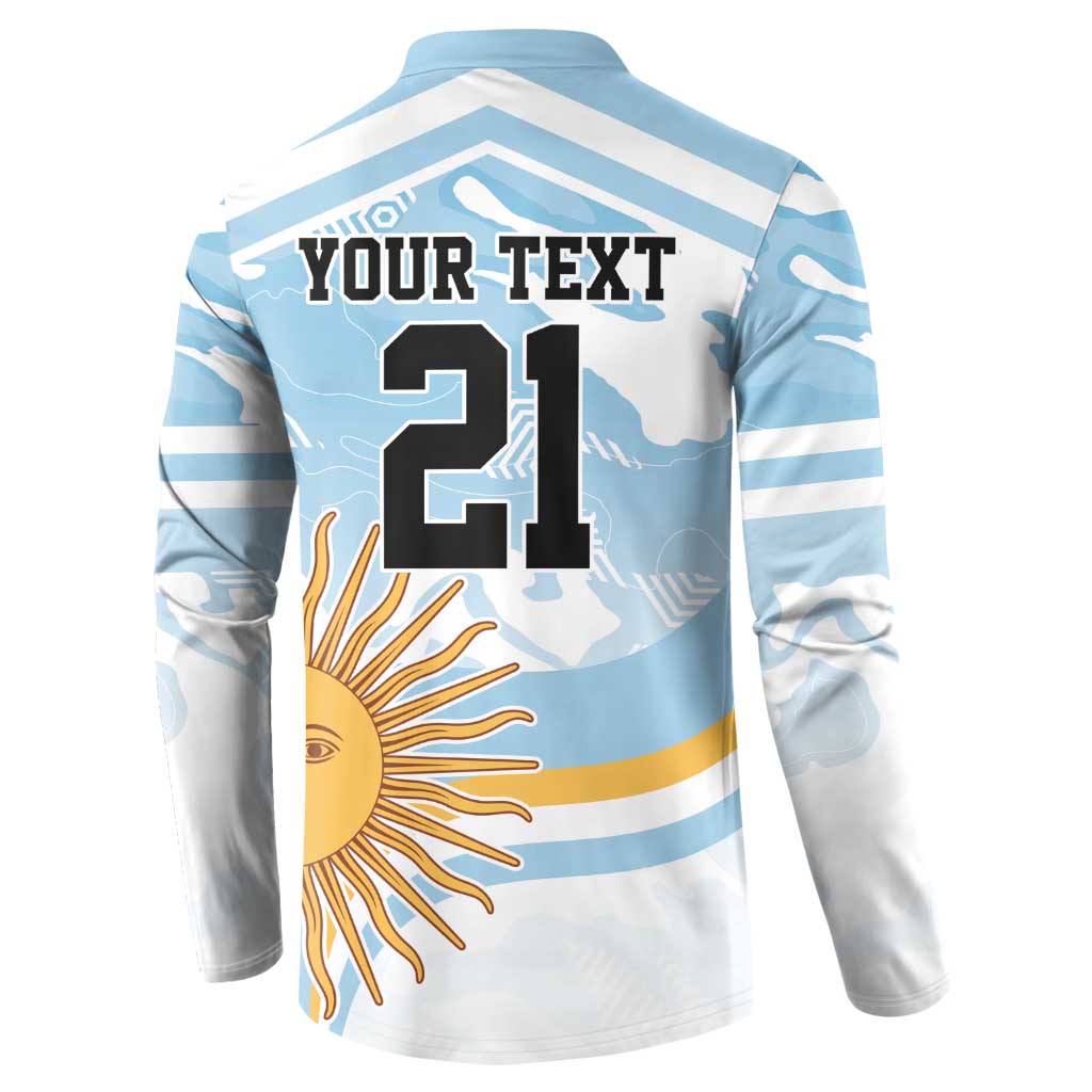 Back of light blue and white striped rugby-style button sweatshirt with 'YOUR TEXT 21' and sun