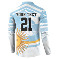 Back of light blue and white striped rugby-style button sweatshirt with 'YOUR TEXT 21' and sun