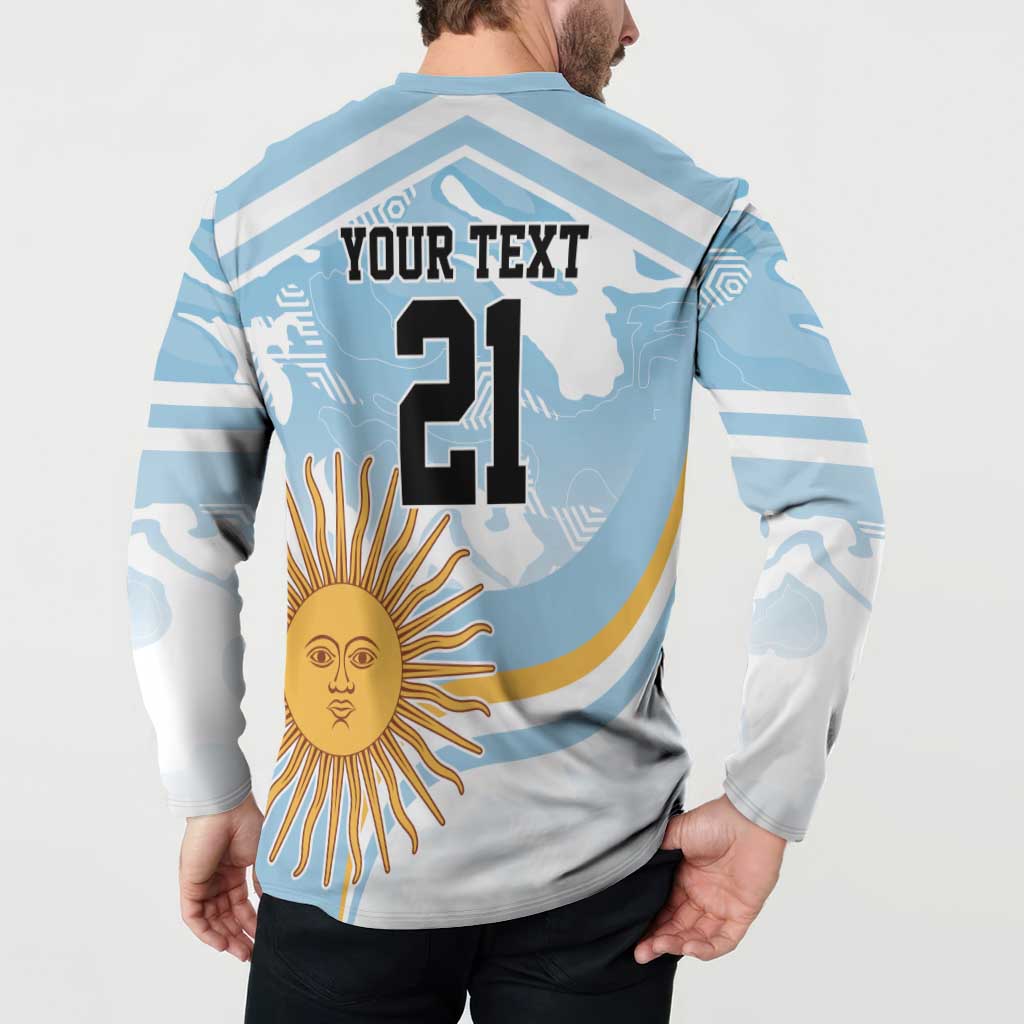 Back print rugby-style button sweatshirt on model: 'YOUR TEXT 21' on light blue stripes