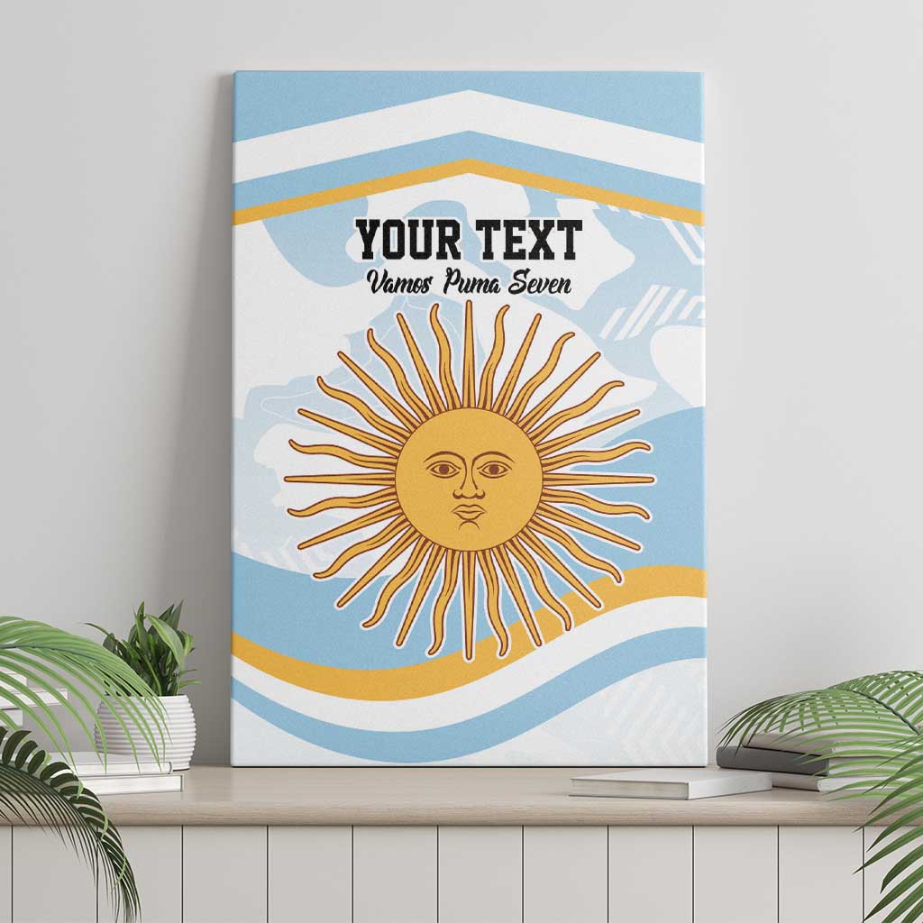Blue canvas wall art with custom text, orange sun face, and white stripe pattern