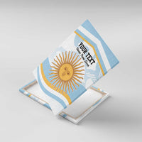 Blue canvas wall art tilted with custom text and orange sun face illustration