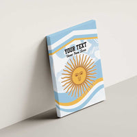 Blue canvas wall art angled on wall with custom text and orange sun face