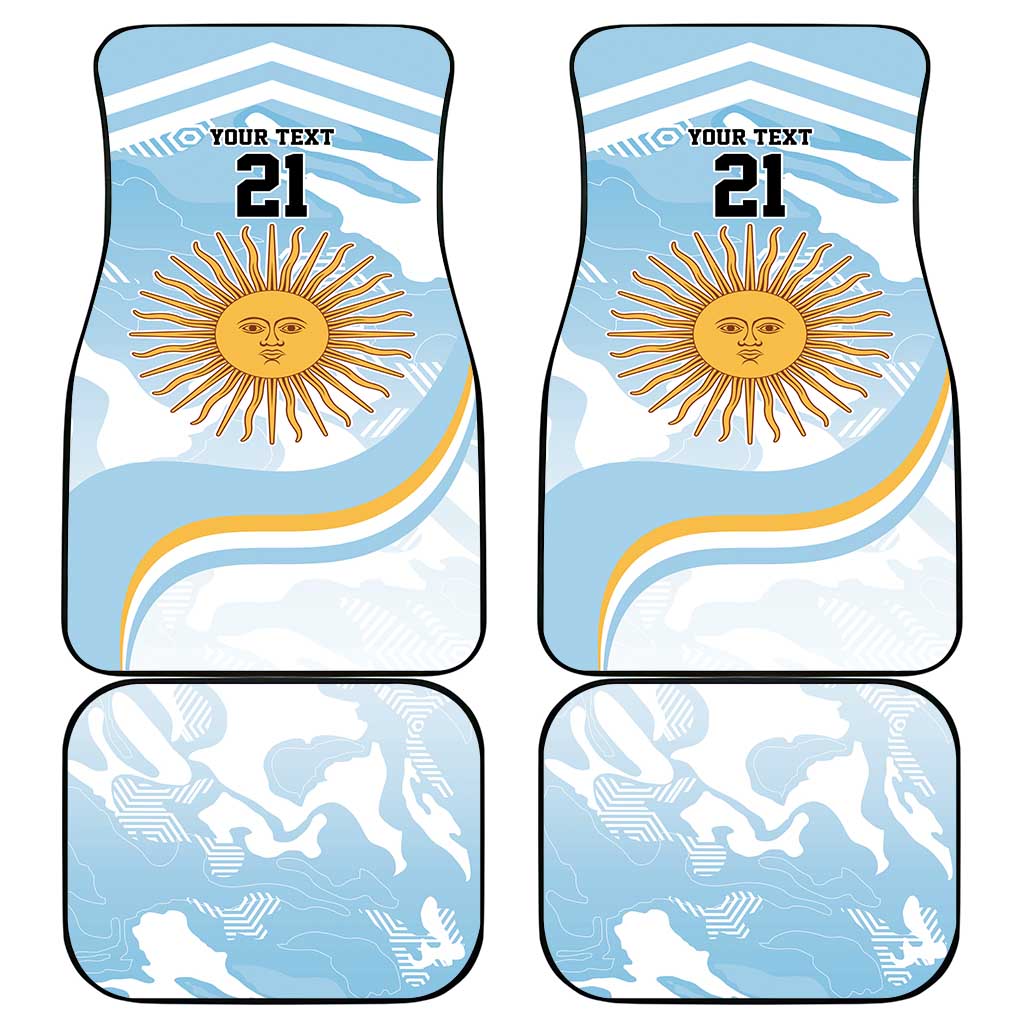 Set of four custom car mats: "YOUR TEXT", Argentina sun, and "21" at bottom