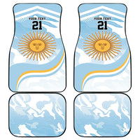 Set of four custom car mats: "YOUR TEXT", Argentina sun, and "21" at bottom