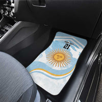 Blue car floor mat with Argentina sun and "21" in the front passenger footwell