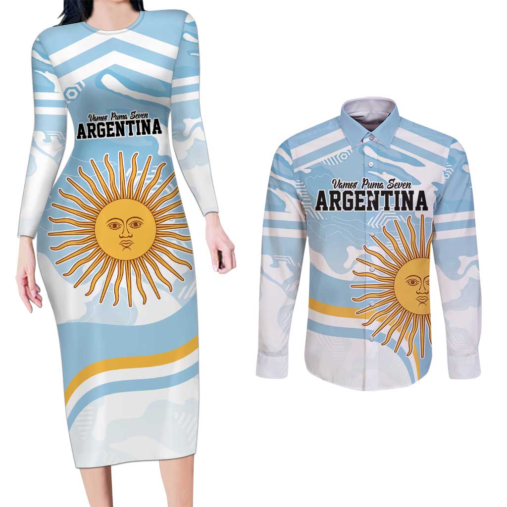 Custom Argentina Rugby Couples Matching Long Sleeve Bodycon Dress and Long Sleeve Button Shirt Summer Paris 2024 LT9 - Wonder Print Shop