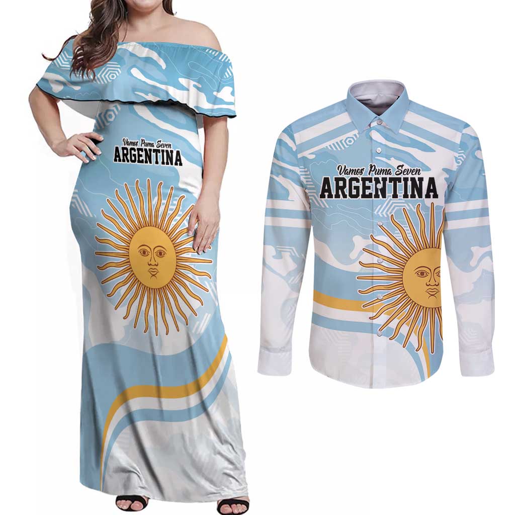 Custom Argentina Rugby Couples Matching Off Shoulder Maxi Dress and Long Sleeve Button Shirt Summer Paris 2024 LT9 - Wonder Print Shop