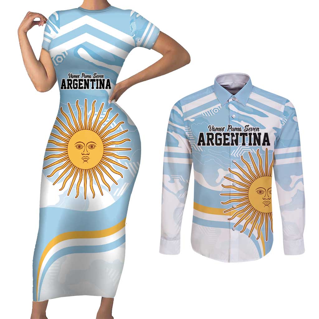 Custom Argentina Rugby Couples Matching Short Sleeve Bodycon Dress and Long Sleeve Button Shirt Summer Paris 2024 LT9 - Wonder Print Shop