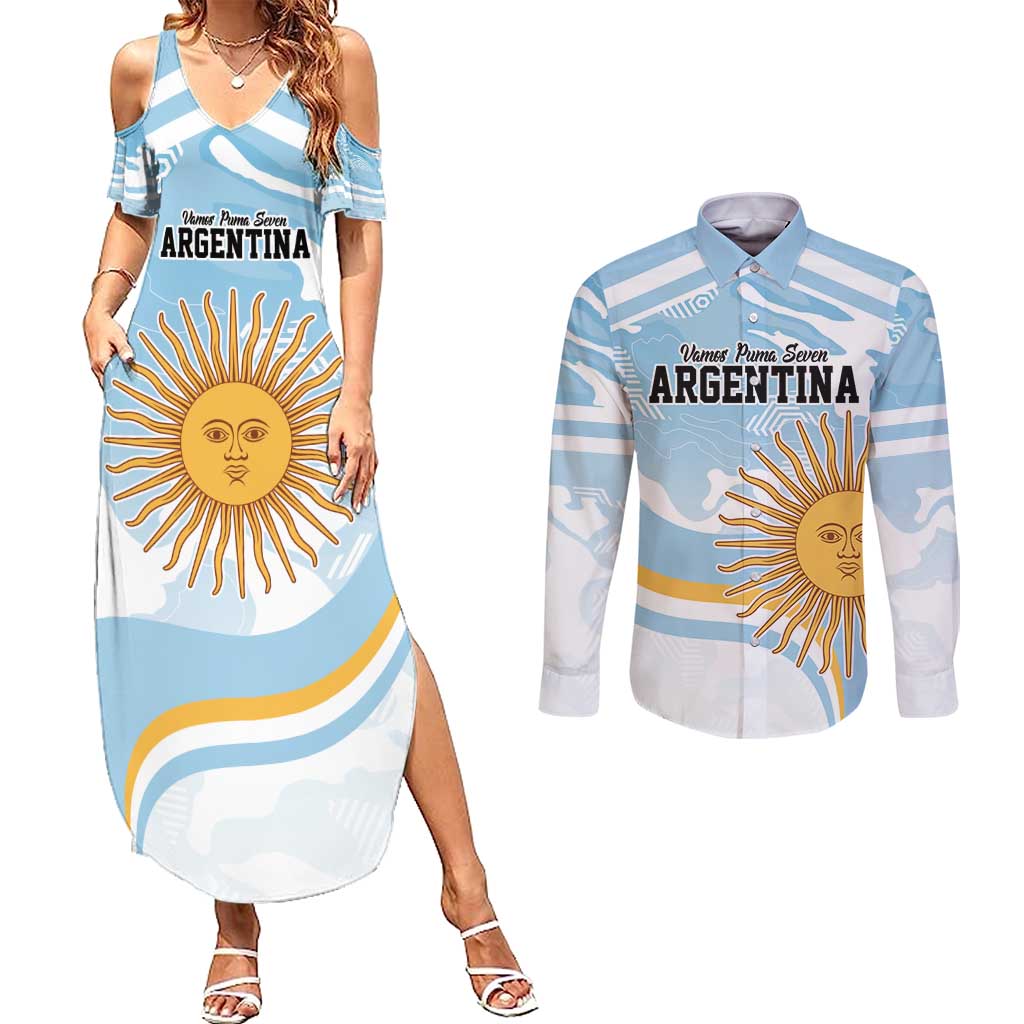 Custom Argentina Rugby Couples Matching Summer Maxi Dress and Long Sleeve Button Shirt Summer Paris 2024 LT9 - Wonder Print Shop