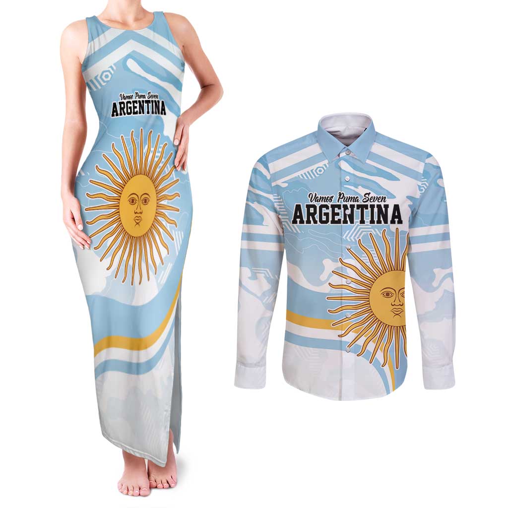 Custom Argentina Rugby Couples Matching Tank Maxi Dress and Long Sleeve Button Shirt Summer Paris 2024 LT9 - Wonder Print Shop