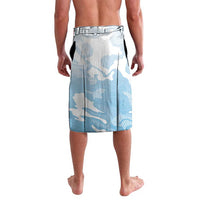 Blue and white camo athletic shorts with elastic waistband and side emblem
