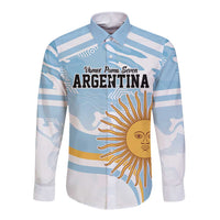 Light blue striped rugby button-down shirt with long sleeves, Argentina emblem and sun graphic