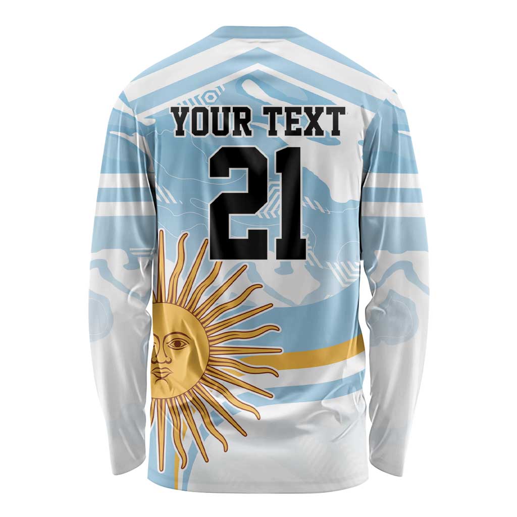 Blue and white long sleeve rugby shirt, back graphic with sun face and large number 21