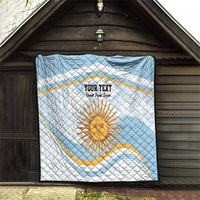 Square wall-hung quilt in light blue and white with sun face graphic and custom text