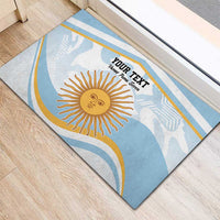 Blue custom doormat with sun graphic and placeholder text, corner view