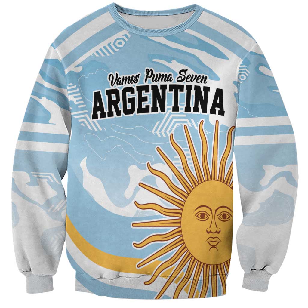 Blue crewneck sweatshirt with bold Argentina graphic and sun face front
