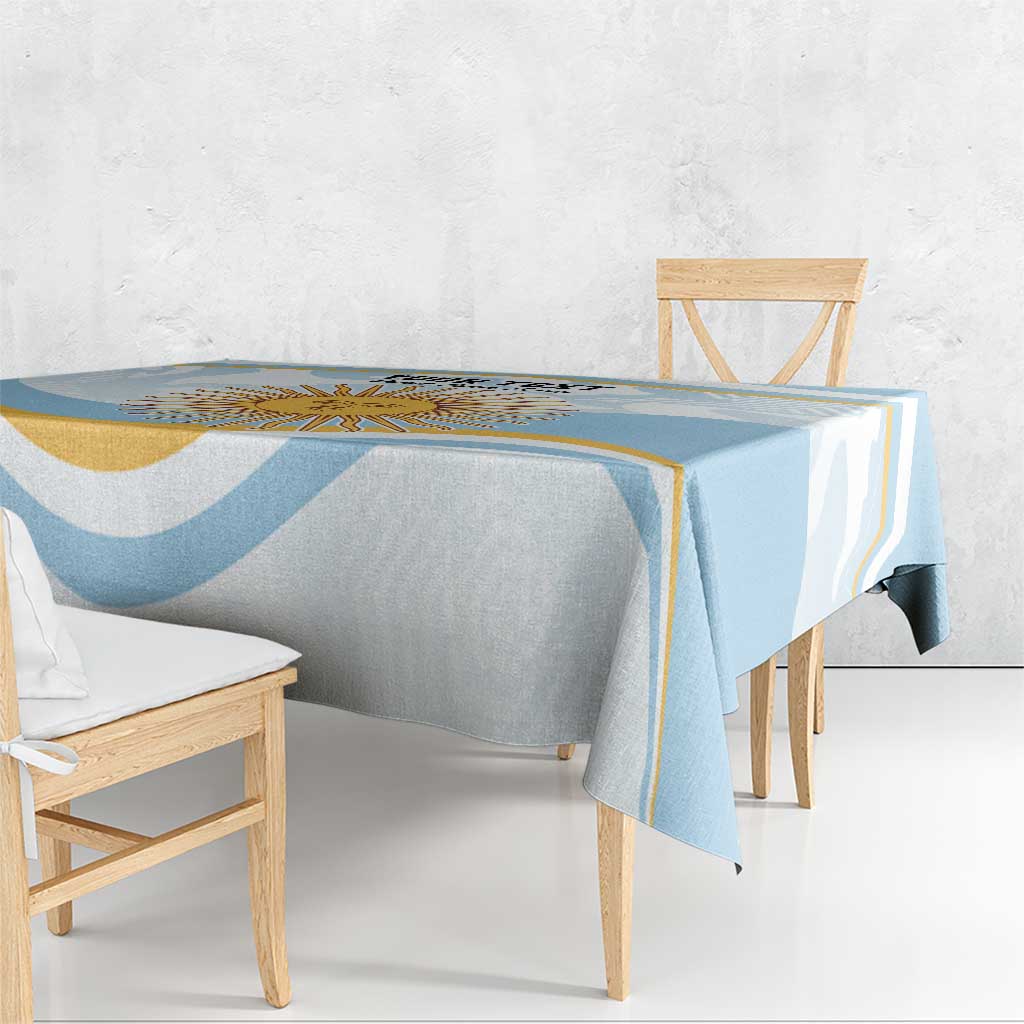 Light blue and white tablecloth draped over rectangular table with patterned border