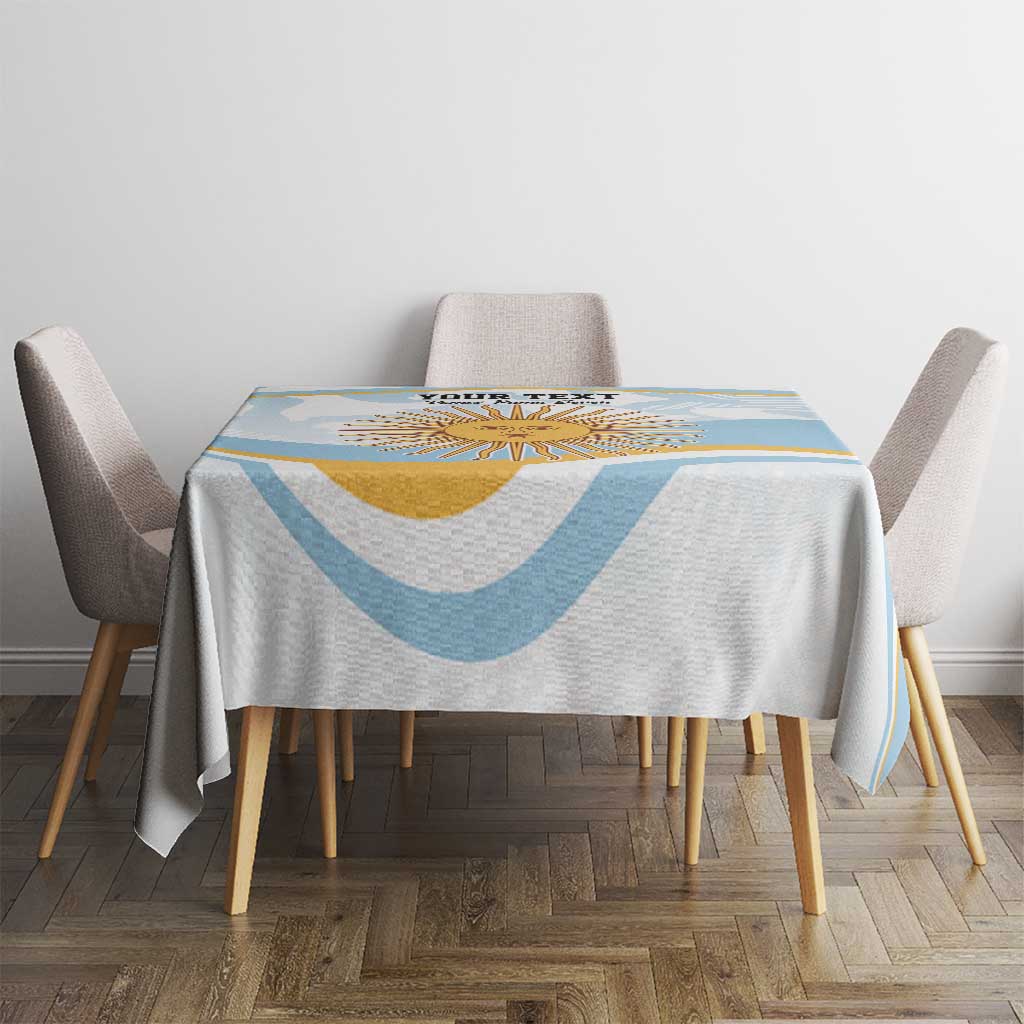 Round tablecloth in light blue and white with gold and graphic sun motif