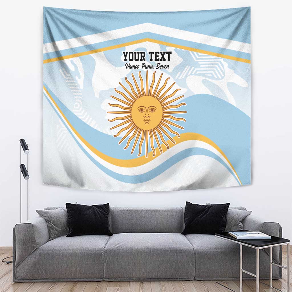 Blue Argentina flag-style wall tapestry with sun emblem, wave stripes, and custom text area.