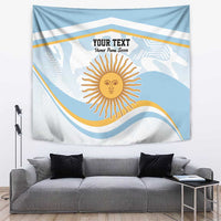 Blue Argentina flag-style wall tapestry with sun emblem, wave stripes, and custom text area.