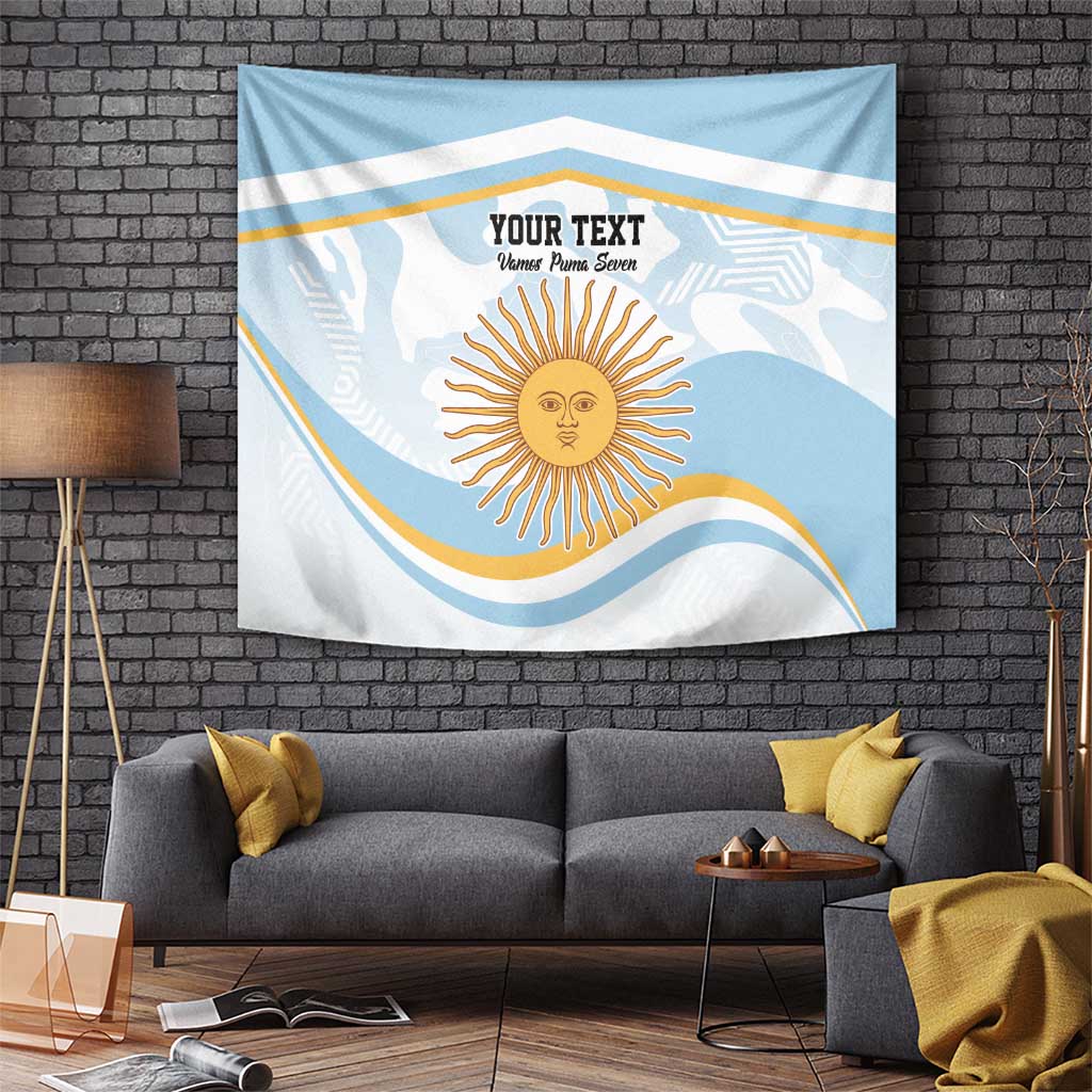 Blue Argentina flag-style tapestry with sun emblem, wave stripes, and custom text area.