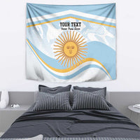 Blue Argentina flag-style tapestry with sun emblem, wave stripes, and custom text area.
