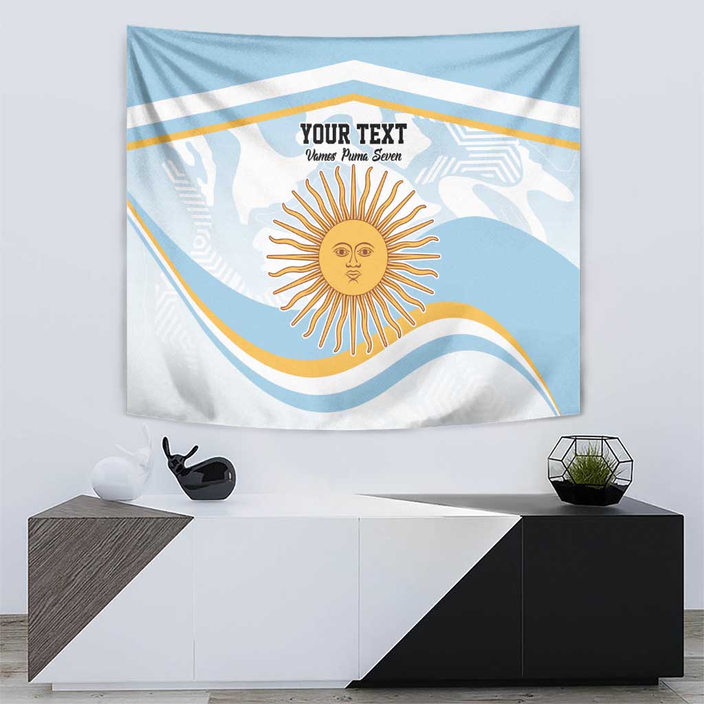Blue Argentina flag-style wall tapestry with sun emblem, wave stripes, and custom text area.