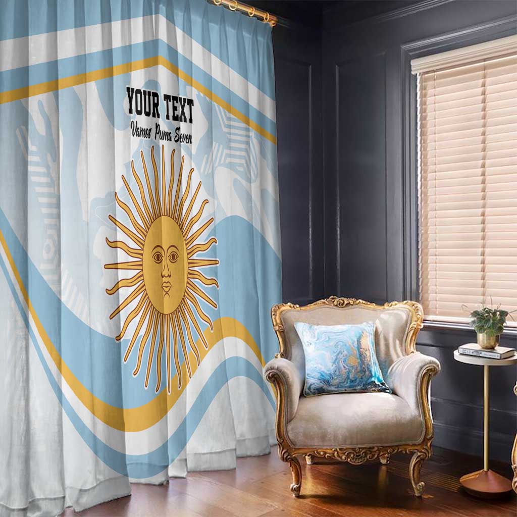 Blue and white curtain panel with gold sun-face print and diagonal stripe bands
