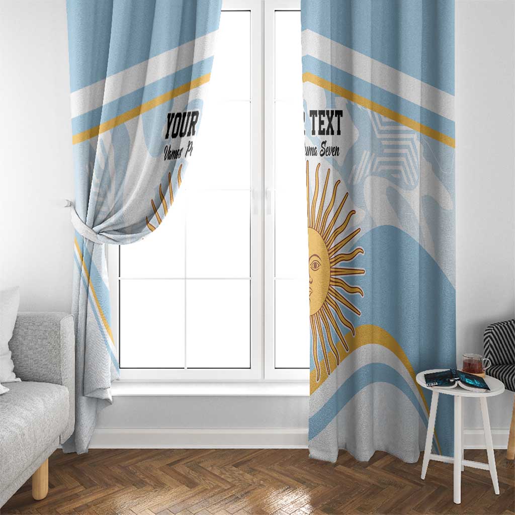 Blue window curtains with diagonal stripes and gold sun-face graphic near a white door