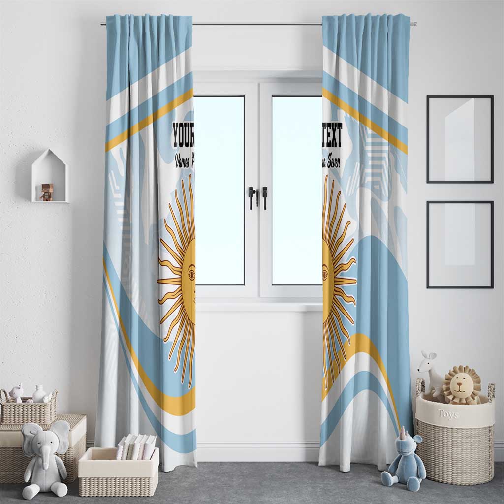 Pair of blue-and-white sun and stripe printed curtains framing a doorway