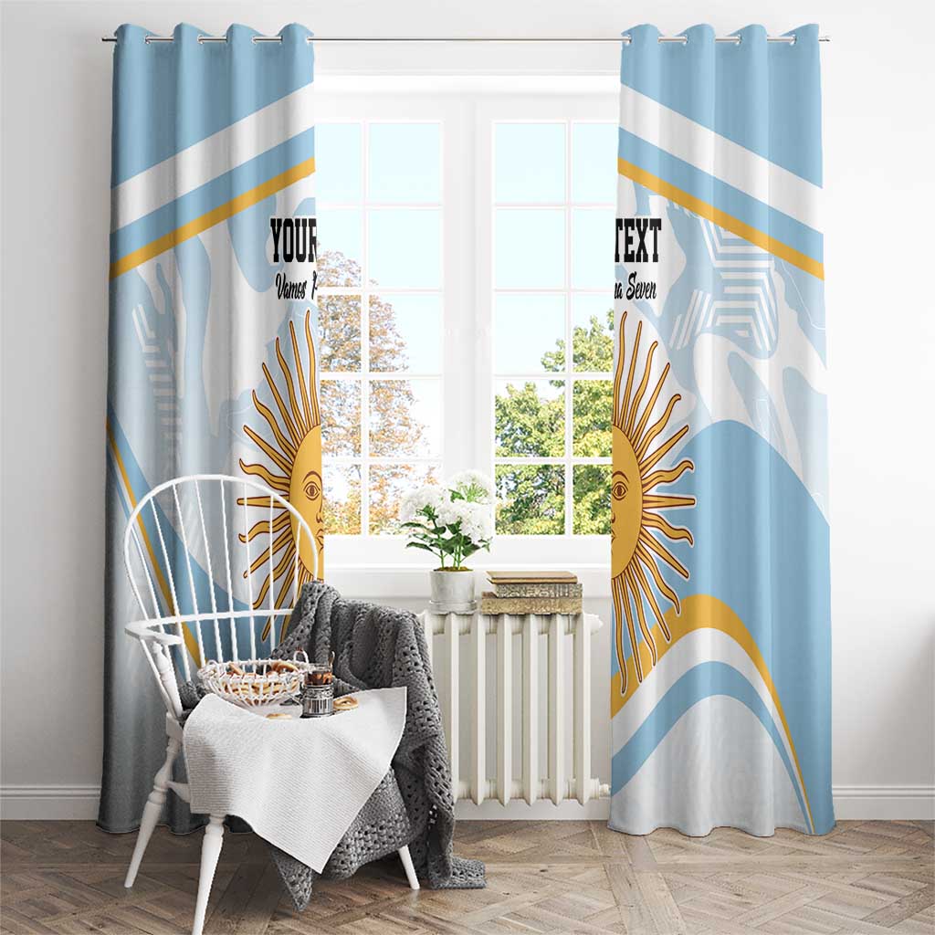 Blue and white window curtain panels with striped design and large sun face artwork
