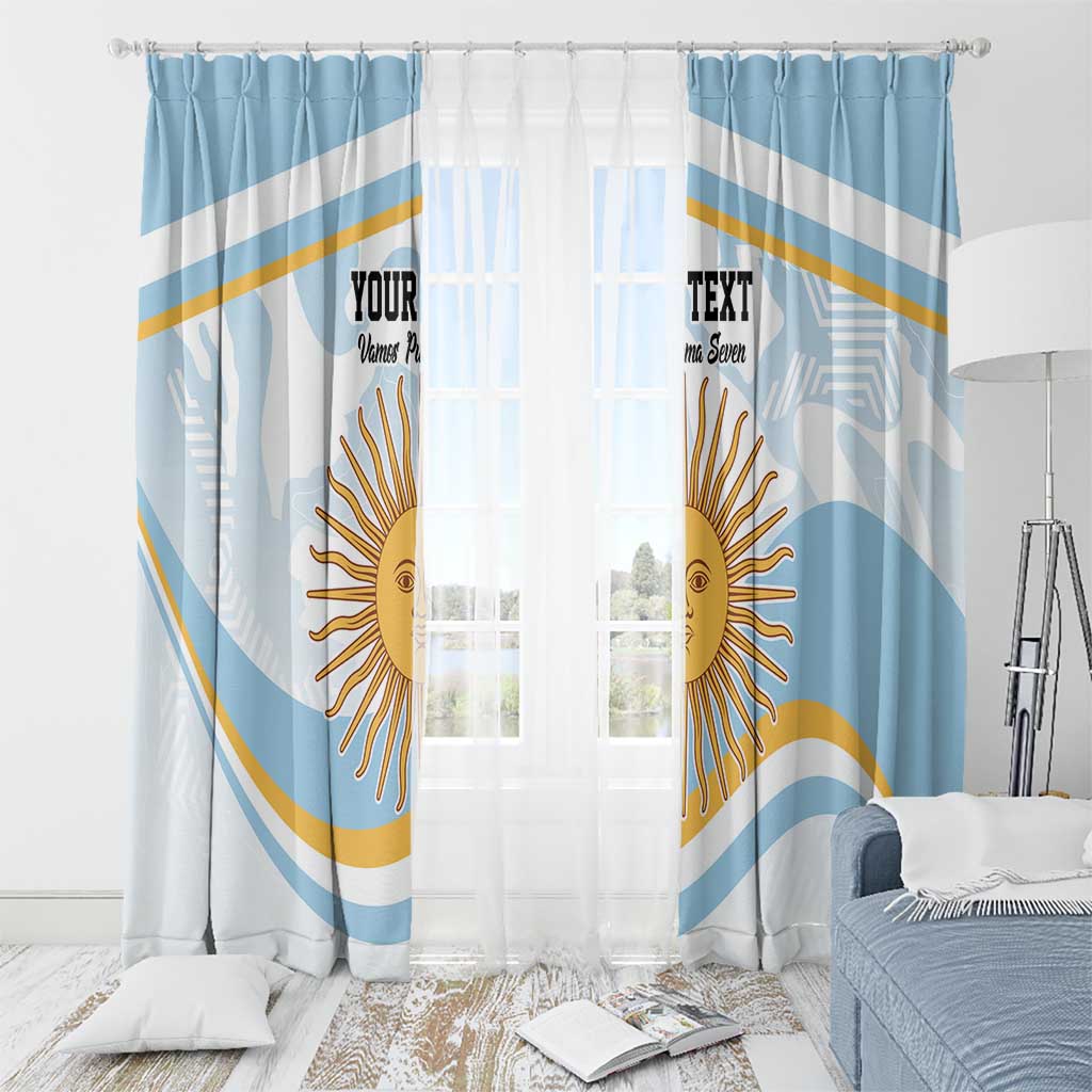 Blue-and-white printed curtains with large sun face and diagonal stripe pattern