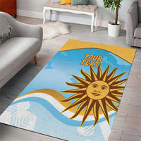 Rectangular blue area rug with golden sun artwork and custom text, wide gold trim